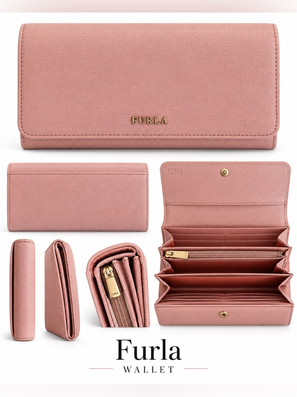Furla Rose Pink Leather Continental Wallet with Gold Logo